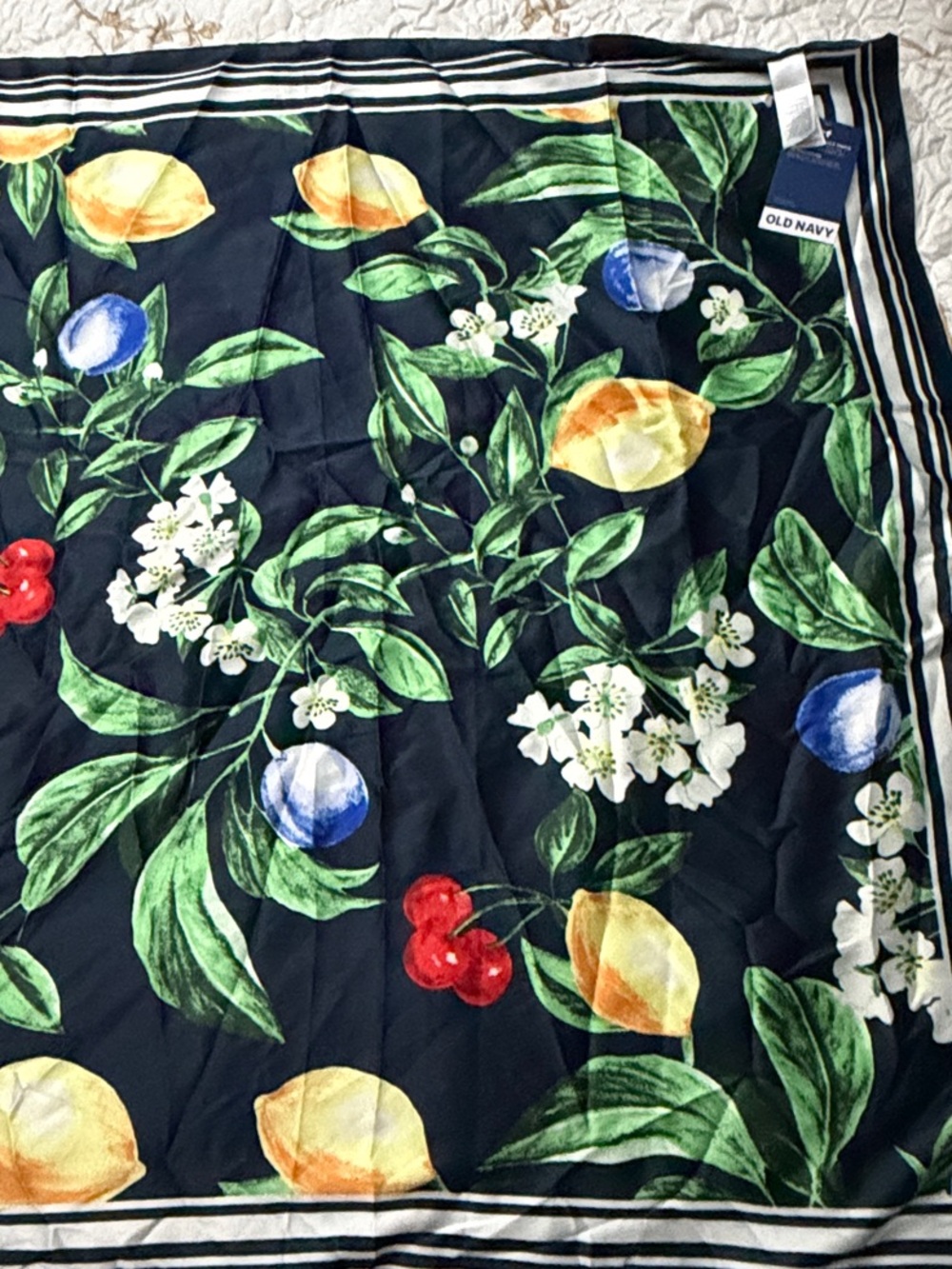 Old Navy Navy Fruit & Floral Square Scarf with Lemon, Cherry, Blueberry Motif